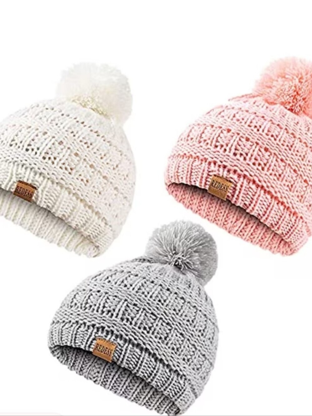 NEW!! Redess, Kids Pom Beanie Hat - Pink, White, Gray. Bundle Of 3!!